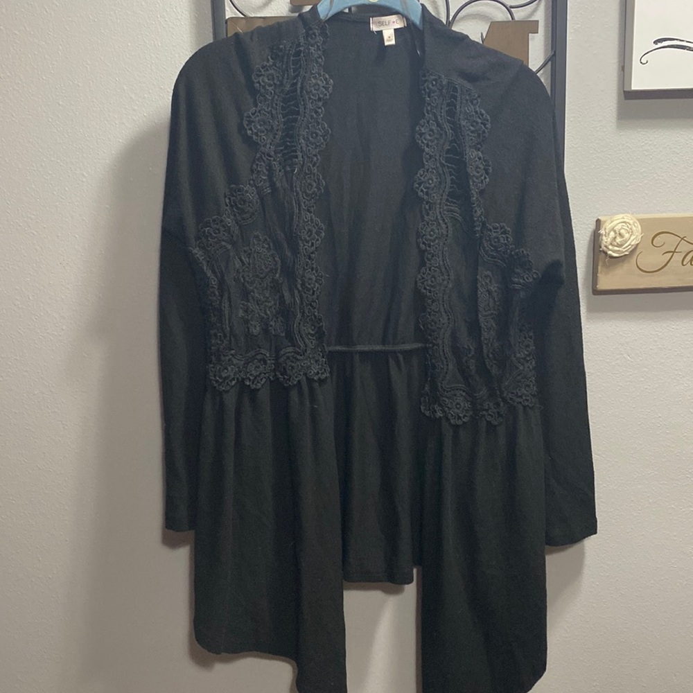 Black lace overlay cardigan sweater